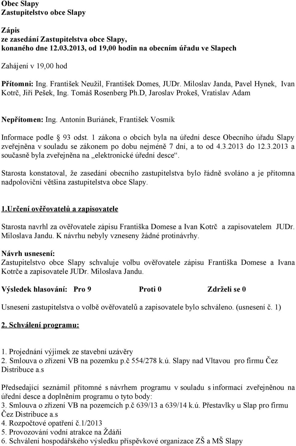 Antonín Buriánek, František Vosmík Informace podle 93 odst. 1 zákona o obcích byla na úřední desce Obecního úřadu Slapy zveřejněna v souladu se zákonem po dobu nejméně 7 dní, a to od 4.3.2013 do 12.3.2013 a současně byla zveřejněna na elektronické úřední desce.