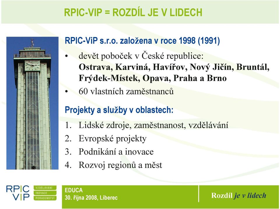 Nový Jičín, Bruntál, Frýdek-Místek, Opava, Praha a Brno 60 vlastních zaměstnanců Projekty