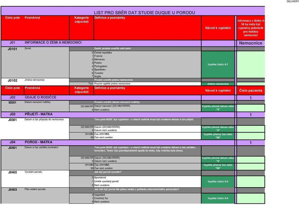 jméno nemocnice Text Prosím vyplňte jméno nemocnice Definice poznámky Jméno nemocnice Návod k vyplnění mocnice Číslo pcient J02 ÚDAJE O RODIČCE 1 I0201 INFORMACE O ZEMI A NEMOCNICI Země Dtum nrození