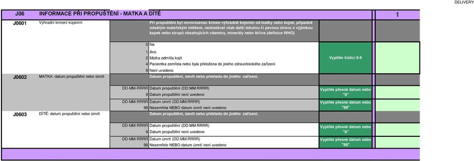 zřízení J0602 MATKA: dtum propuštění nebo úmrtí Dtum propuštění, úmrtí nebo překldu do jiného zřízení.