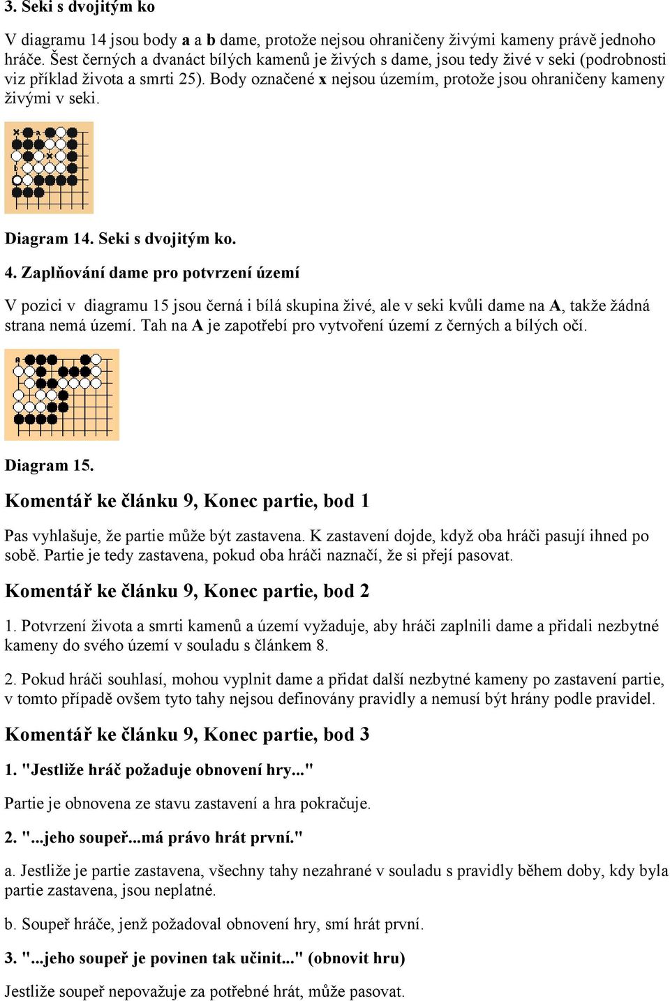 Diagram 14. Seki s dvojitým ko. 4. Zaplňování dame pro potvrzení území V pozici v diagramu 15 jsou černá i bílá skupina živé, ale v seki kvůli dame na A, takže žádná strana nemá území.