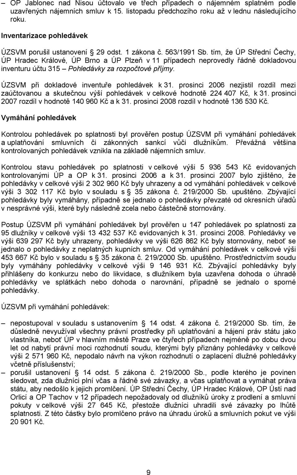 tím, že ÚP Střední Čechy, ÚP Hradec Králové, ÚP Brno a ÚP Plzeň v 11 případech neprovedly řádně dokladovou inventuru účtu 315 Pohledávky za rozpočtové příjmy.