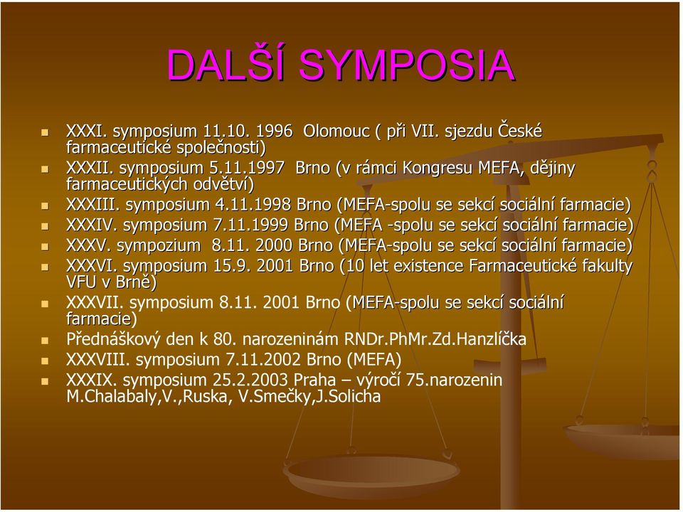 symposium 15.9. 2001 Brno (10 let existence Farmaceutické fakulty VFU v Brně) XXXVII. symposium 8.11. 2001 Brno (MEFA-spolu se sekcí sociální farmacie) Přednáškový den k 80.