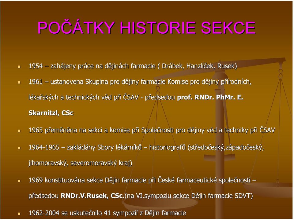 Skarnitzl, CSc 1965 přeměněna na sekci a komise při Společnosti pro dějiny věd a techniky při ČSAV 1964-1965 1965 zakládány Sbory lékárníků historiografů