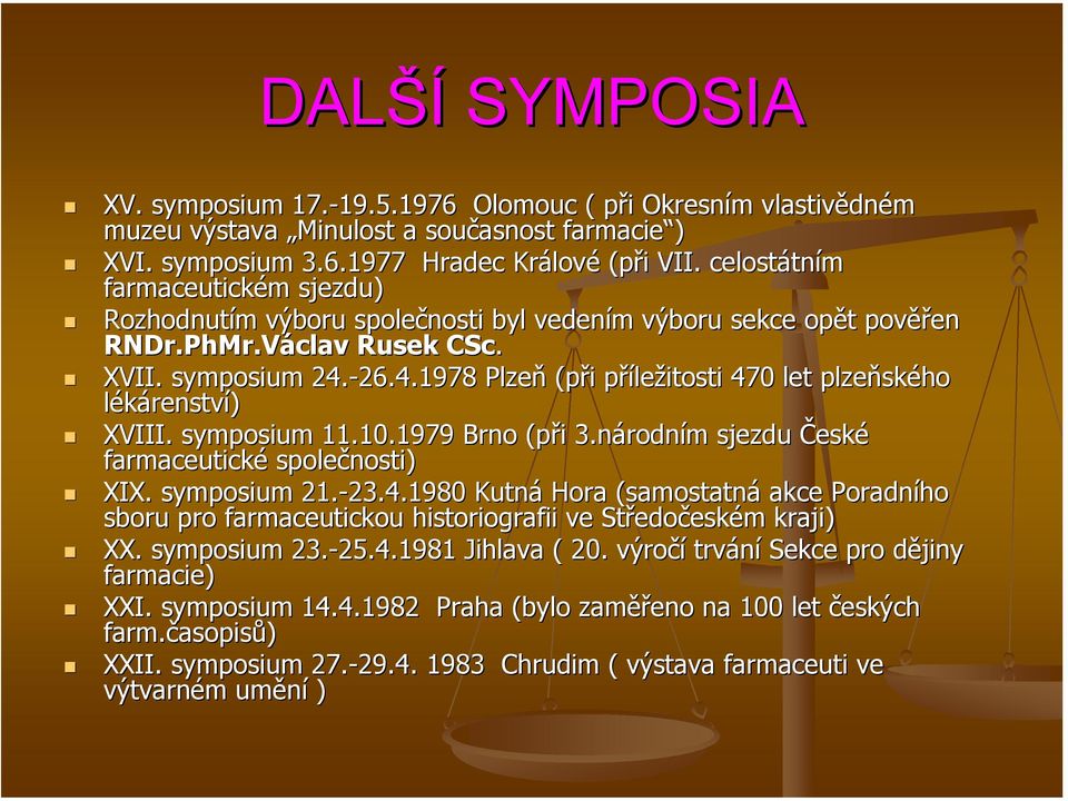 -26.4.1978 26.4.1978 Plzeň (při příležitosti 470 let plzeňského lékárenství) XVIII. symposium 11.10.1979 Brno (při 3.národním sjezdu České farmaceutické společnosti) XIX. symposium 21.-23.4.1980 23.4.1980 Kutná Hora (samostatná akce Poradního sboru pro farmaceutickou historiografii ve Středočeském kraji) XX.