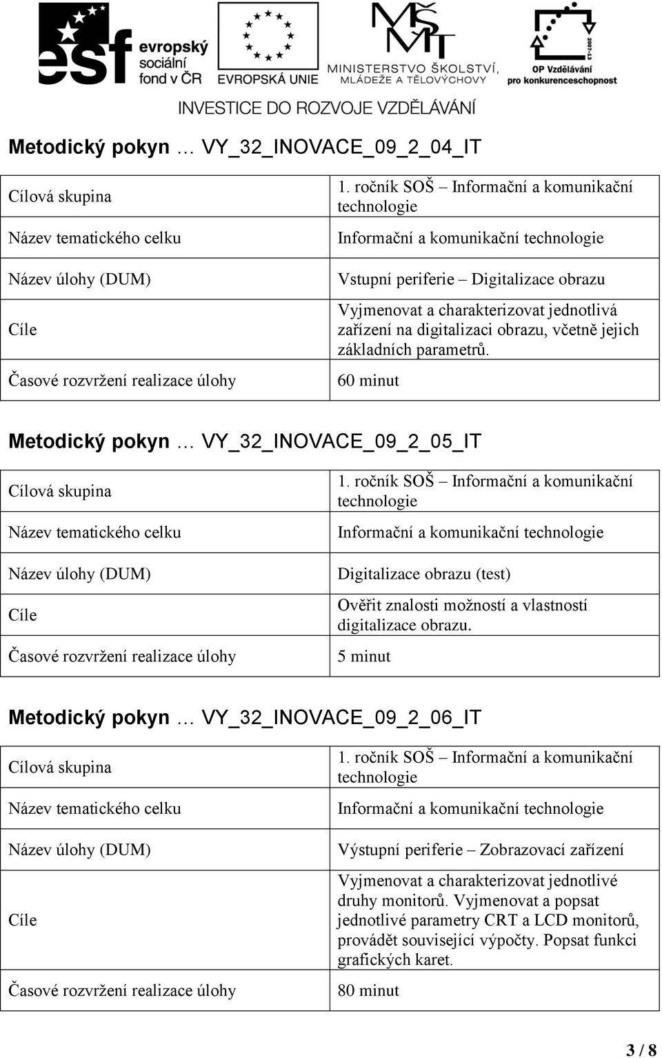 60 minut Metodický pokyn VY_32_INOVACE_09_2_05_IT Digitalizace obrazu (test) Ověřit znalosti možností a vlastností digitalizace obrazu.