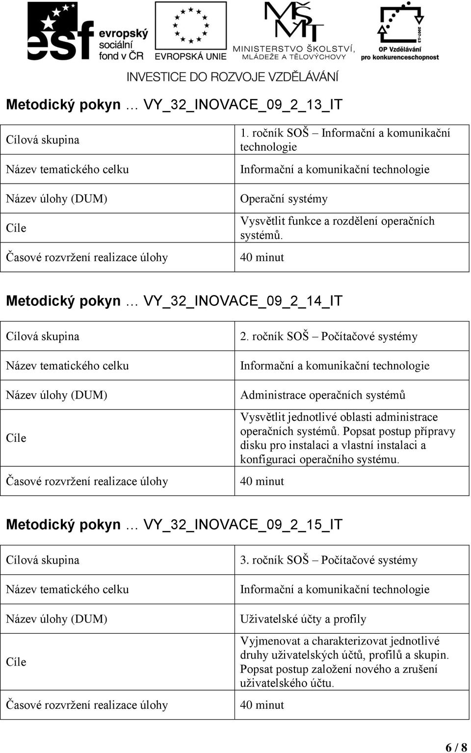 Popsat postup přípravy disku pro instalaci a vlastní instalaci a konfiguraci operačního systému. Metodický pokyn VY_32_INOVACE_09_2_15_IT 3.