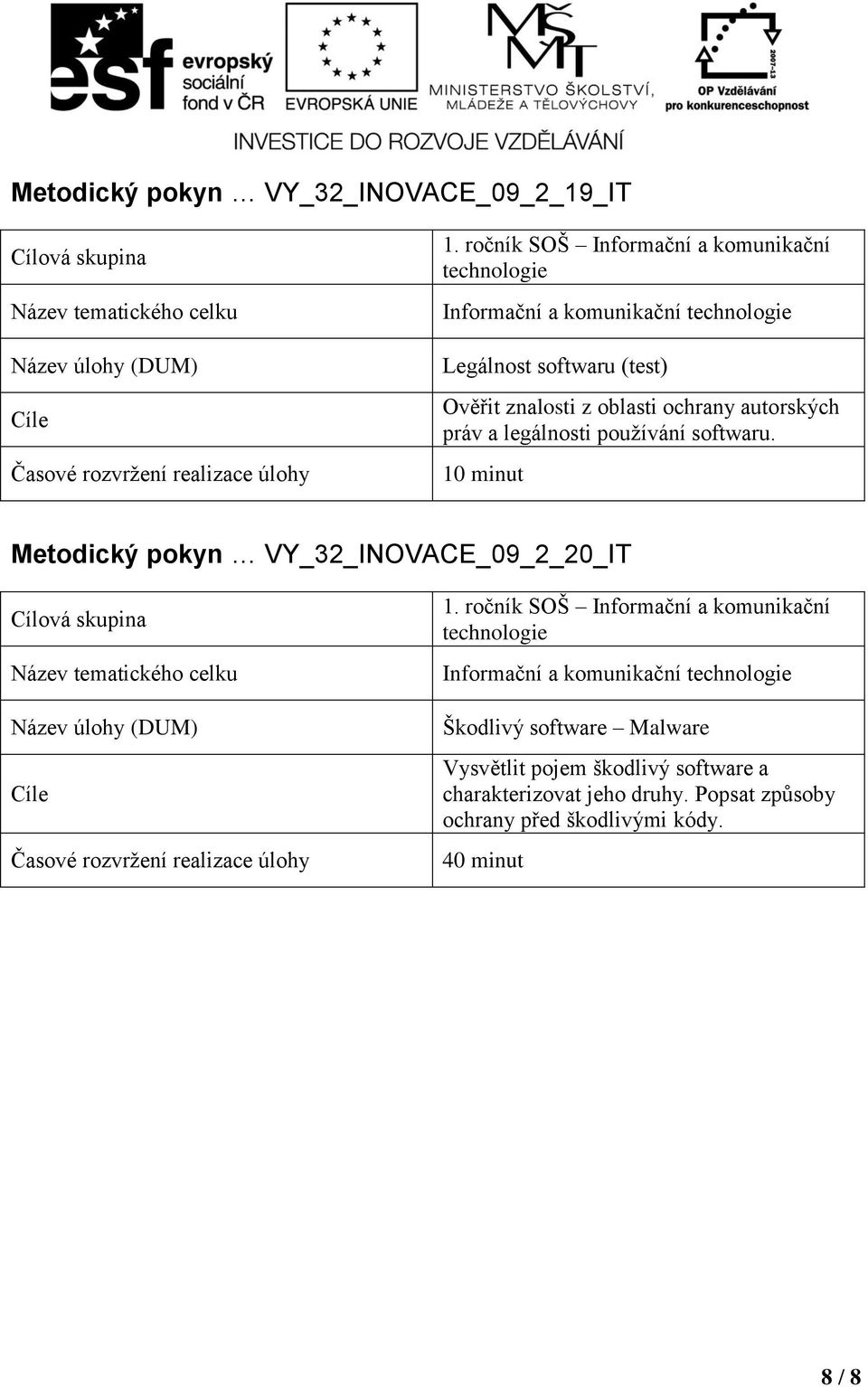 10 minut Metodický pokyn VY_32_INOVACE_09_2_20_IT Škodlivý software Malware