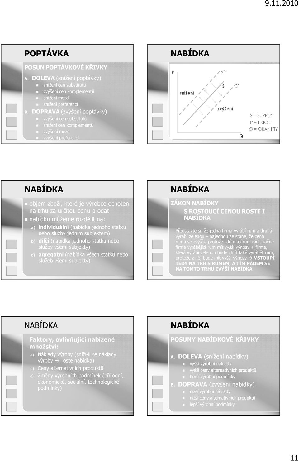 rozdělit na: a) individuální (nabídka jednoho statku nebo služby jedním subjektem) b) dílčí (nabídka jednoho statku nebo služby všemi subjekty) c) agregátní (nabídka všech statků nebo služeb všemi