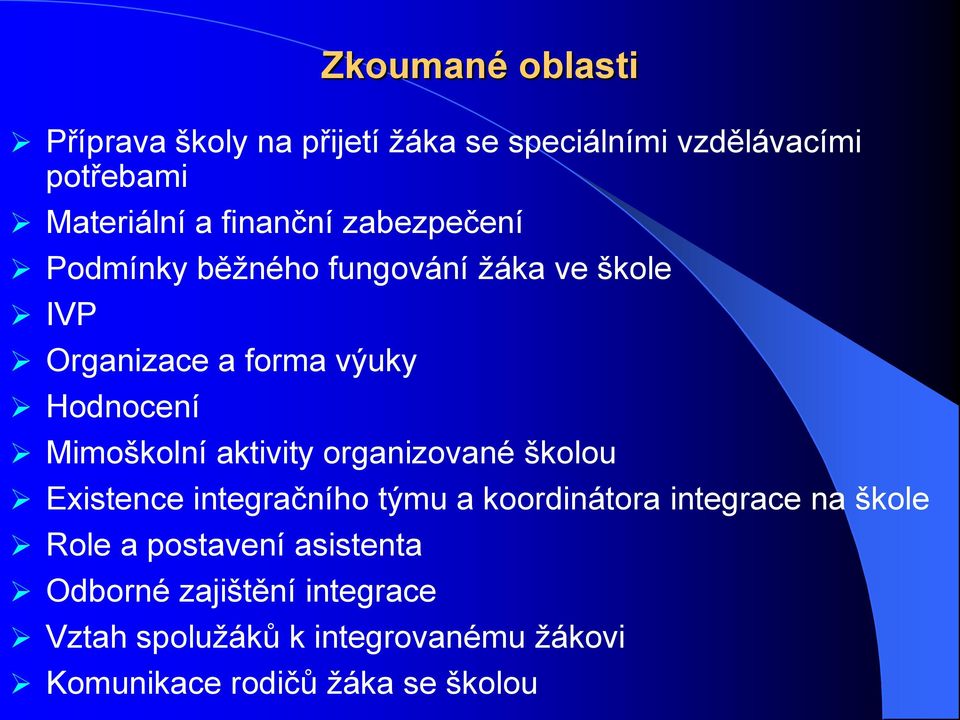 Mimoškolní aktivity organizované školou Existence integračního týmu a koordinátora integrace na škole Role