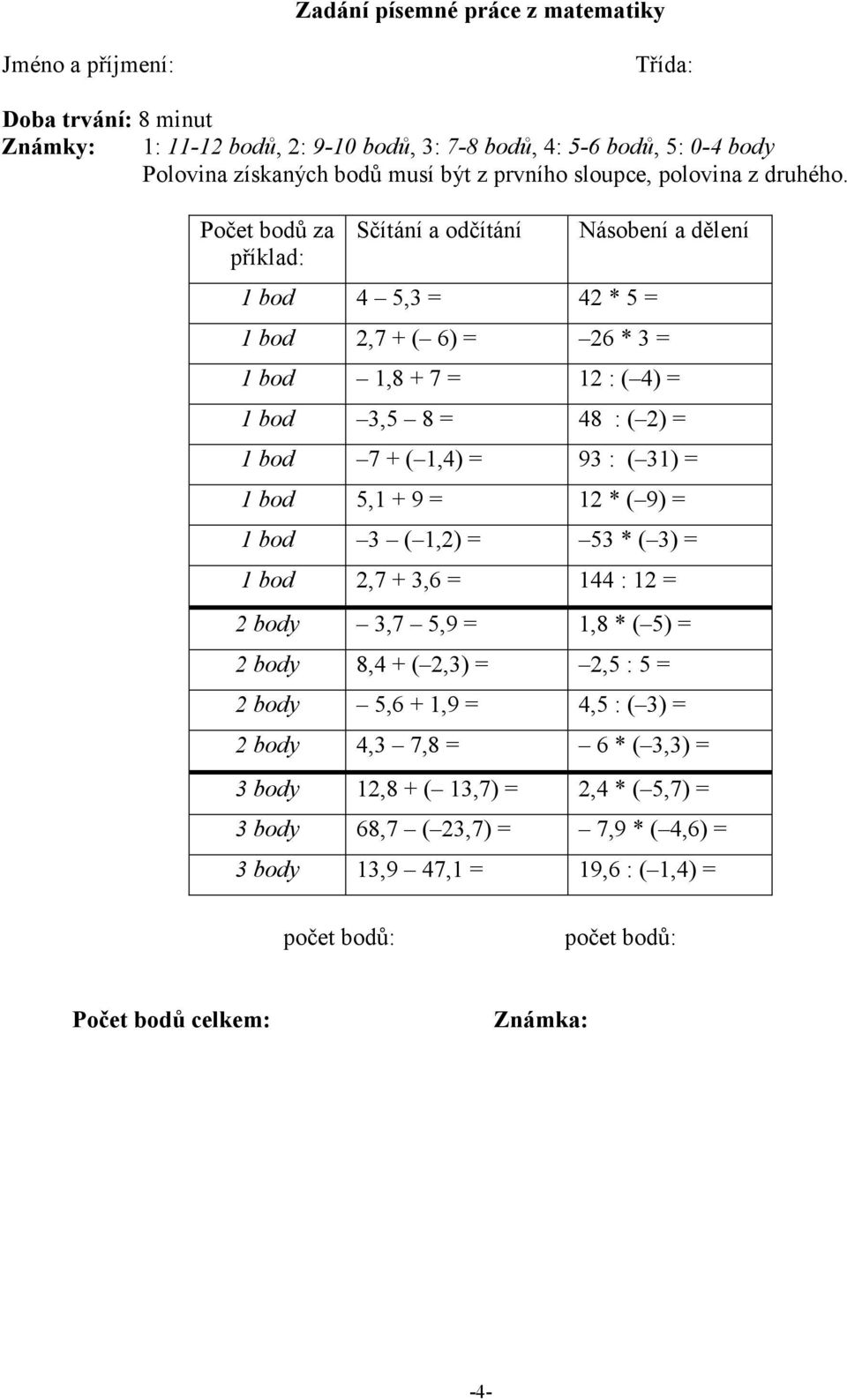 Počet bodů za příklad: Sčítání a odčítání 1 bod 4 5,3 = 42 * 5 = Násobení a dělení 1 bod 2,7 + ( 6) = 26 * 3 = 1 bod 1,8 + 7 = 12 : ( 4) = 1 bod 3,5 8 = 48 : ( 2) = 1 bod 7 + ( 1,4) = 93 : ( 31) = 1