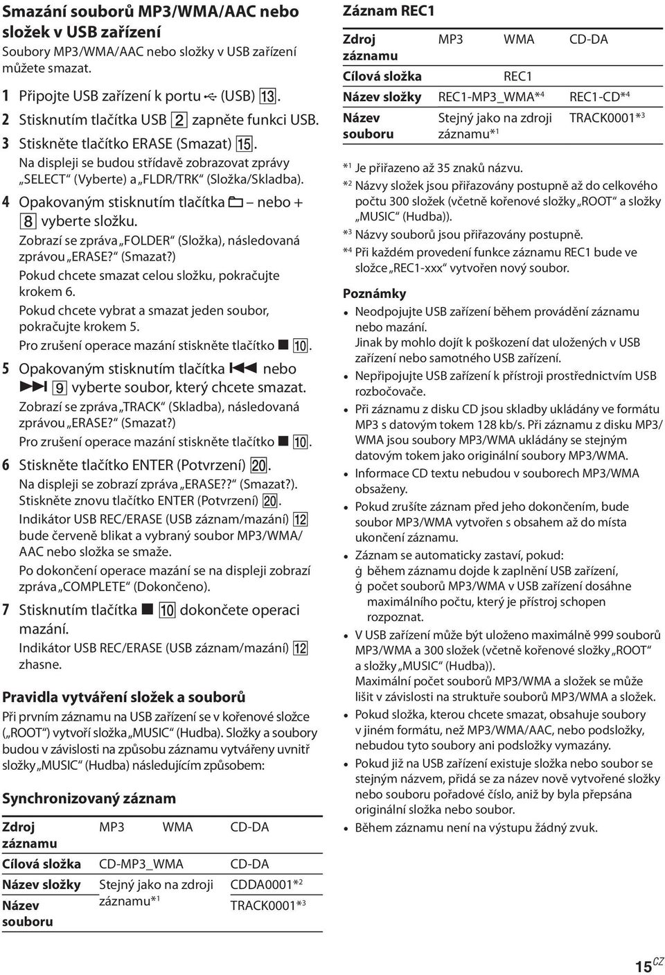 4 Opakovaným stisknutím tlačítka nebo + vyberte složku. Zobrazí se zpráva FOLDER (Složka), následovaná zprávou ERASE? (Smazat?) Pokud chcete smazat celou složku, pokračujte krokem 6.