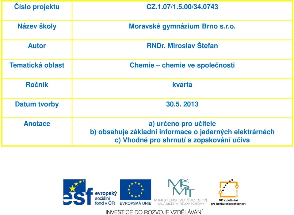 Miroslav Štefan Chemie chemie ve společnosti kvarta Datum tvorby 30.5.