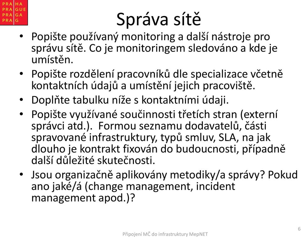 Popište využívané součinnosti třetích stran (externí správci atd.).