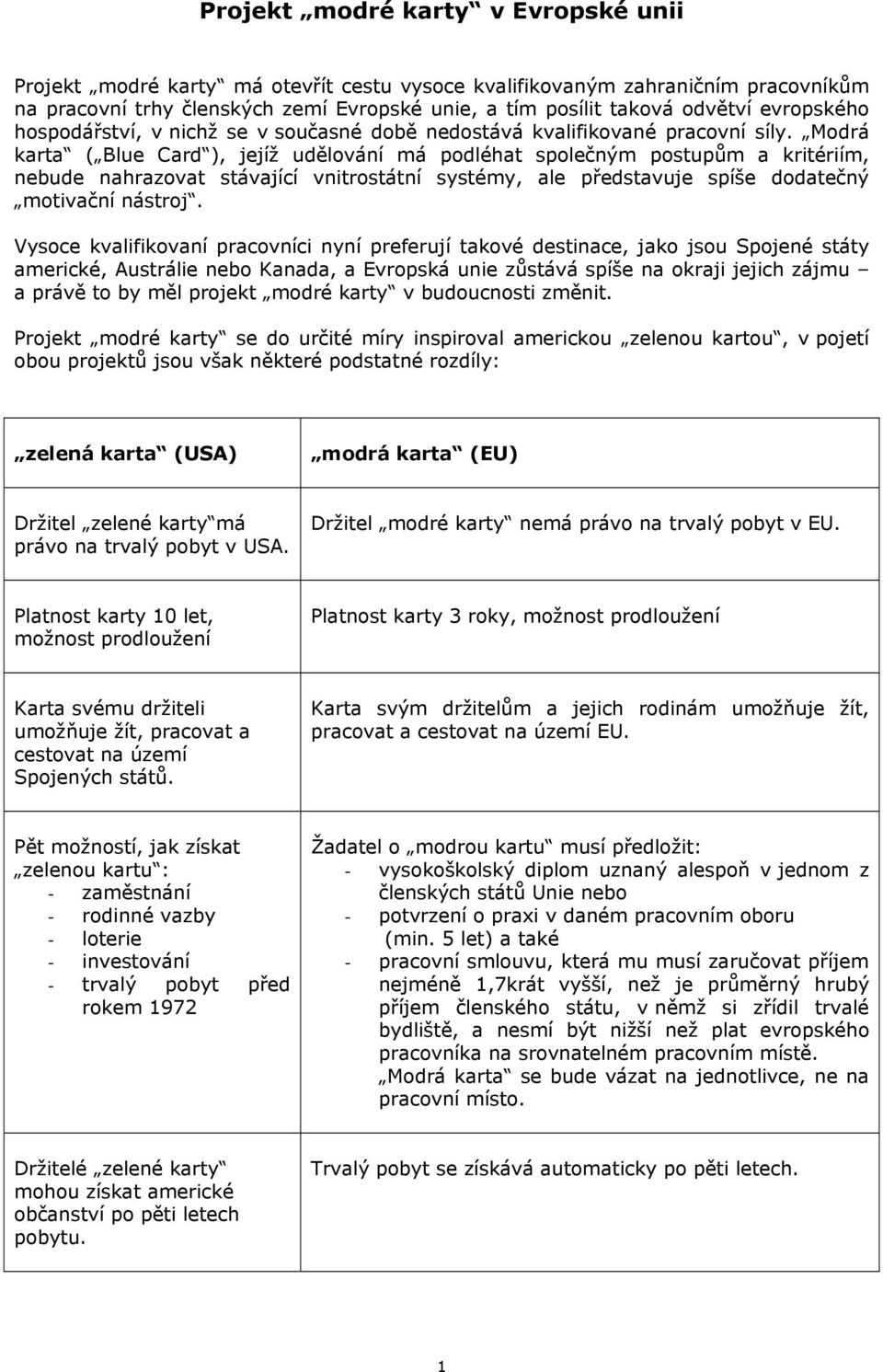 Modrá karta ( Blue Card ), jejíž udělování má podléhat společným postupům a kritériím, nebude nahrazovat stávající vnitrostátní systémy, ale představuje spíše dodatečný motivační nástroj.