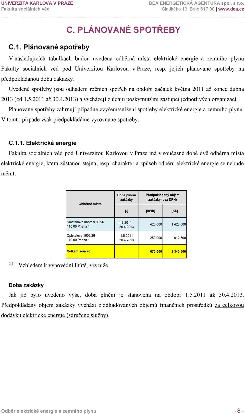 2013) a vycházejí z údajů poskytnutými zástupci jednotlivých organizací. Plánované spotřeby zahrnují případné zvýšení/snížení spotřeby elektrické energie a zemního plynu.