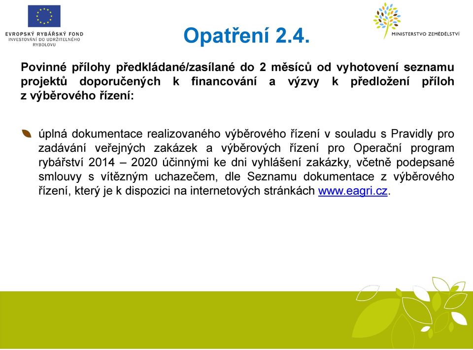 veřejných zakázek a výběrových řízení pro Operační program rybářství 2014 2020 účinnými ke dni vyhlášení zakázky, včetně