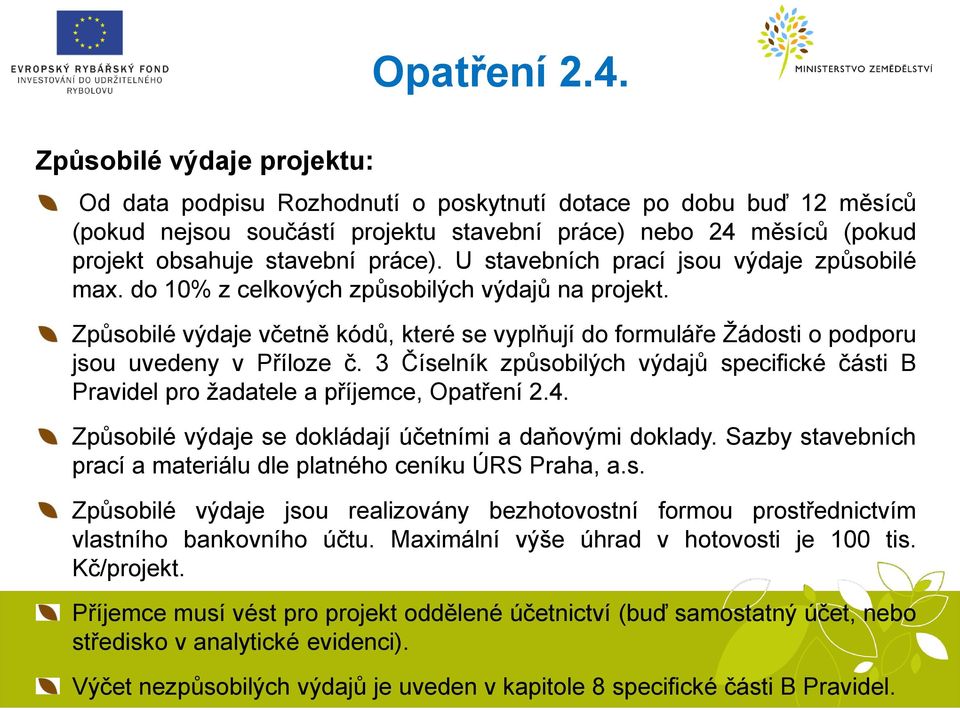 3 Číselník způsobilých výdajů specifické části B Pravidel pro žadatele a příjemce, Opatření 2.4. Způsobilé výdaje se dokládají účetními a daňovými doklady.