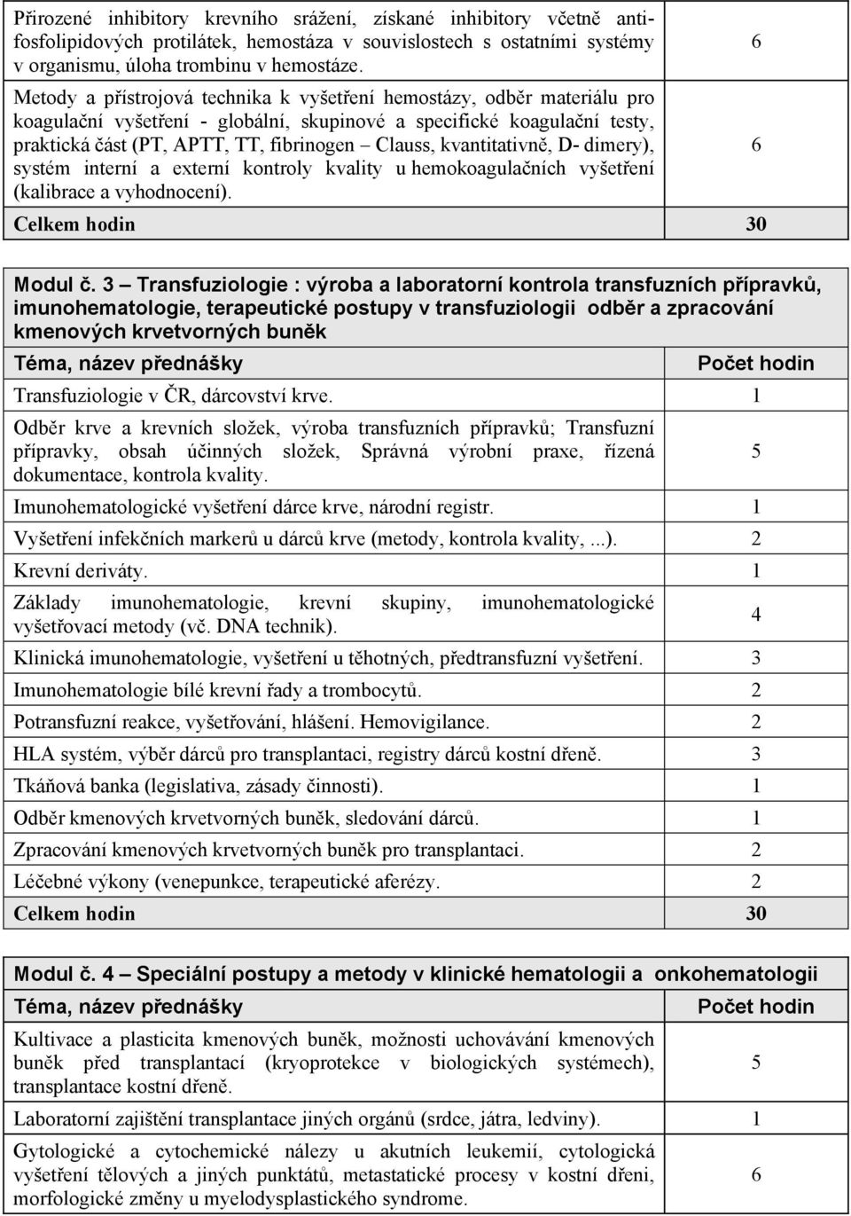 kvantitativn, D- dimery), systém interní a externí kontroly kvality u hemokoagulaních vyšetení (kalibrace a vyhodnocení). Celkem hodin 30 6 6 Modul.