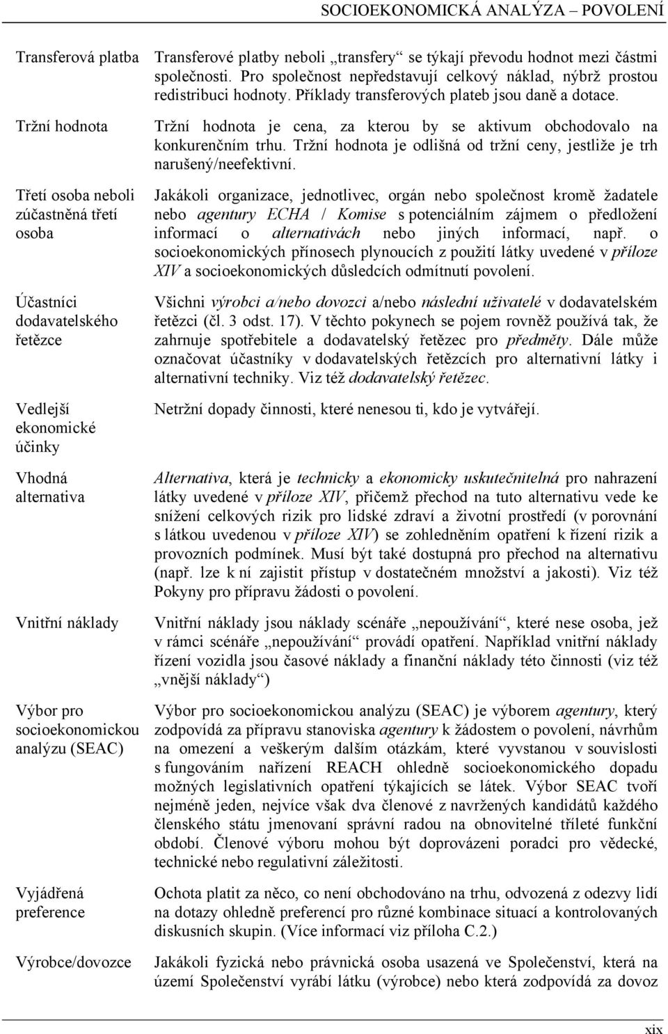 Tržní hodnota Třetí osoba neboli zúčastněná třetí osoba Účastníci dodavatelského řetězce Vedlejší ekonomické účinky Vhodná alternativa Vnitřní náklady Výbor pro socioekonomickou analýzu (SEAC)