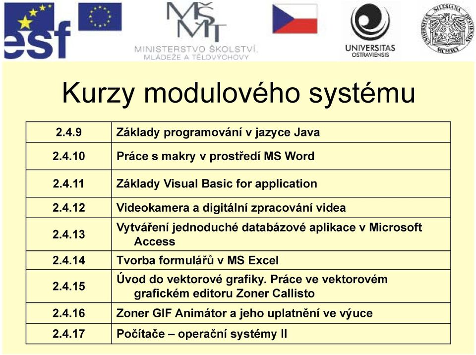 4.15 Úvod do vektorové grafiky. Práce ve vektorovém grafickém editoru Zoner Callisto 2416 2.4.16 Zoner GIFAnimátor a jeho uplatnění ě ve výuce 2.