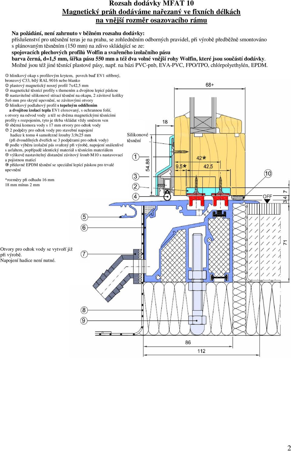 d=1,5 mm, šíka pásu 550 mm a též dva volné vnjší rohy Wolfin, které jsou souástí dodávky. Možné jsou též jiné tsnící plastové pásy, nap. na bázi PVC-pnb, EVA-PVC, FPO/TPO, chlórpolyethylén, EPDM.
