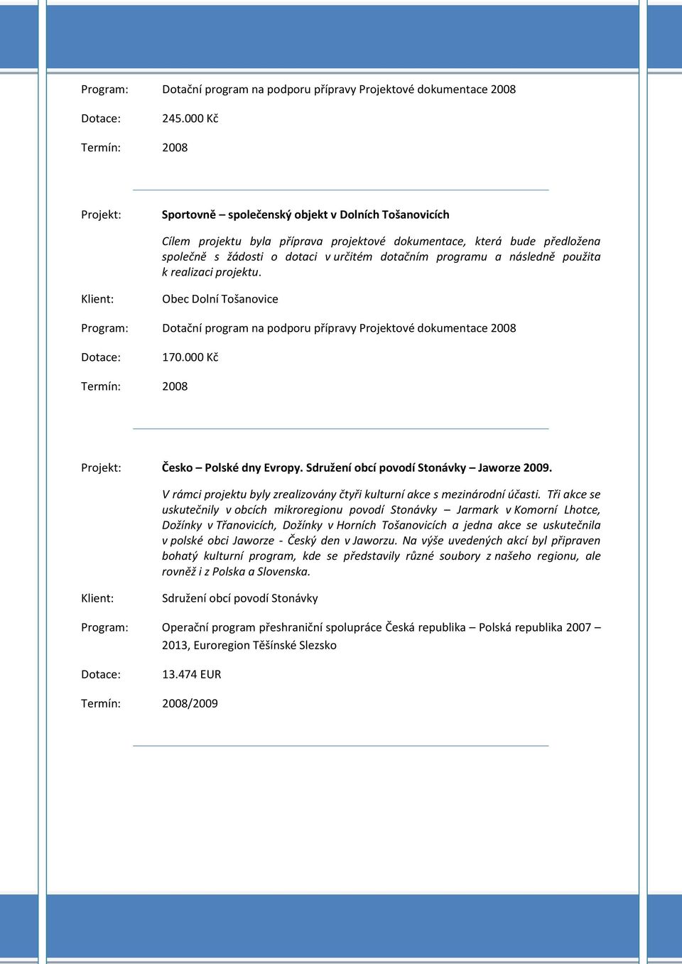 programu a následně použita k realizaci projektu. Obec Dolní Tošanovice Dotační program na podporu přípravy Projektové dokumentace 2008 170.000 Kč Termín: 2008 Česko Polské dny Evropy. Jaworze 2009.