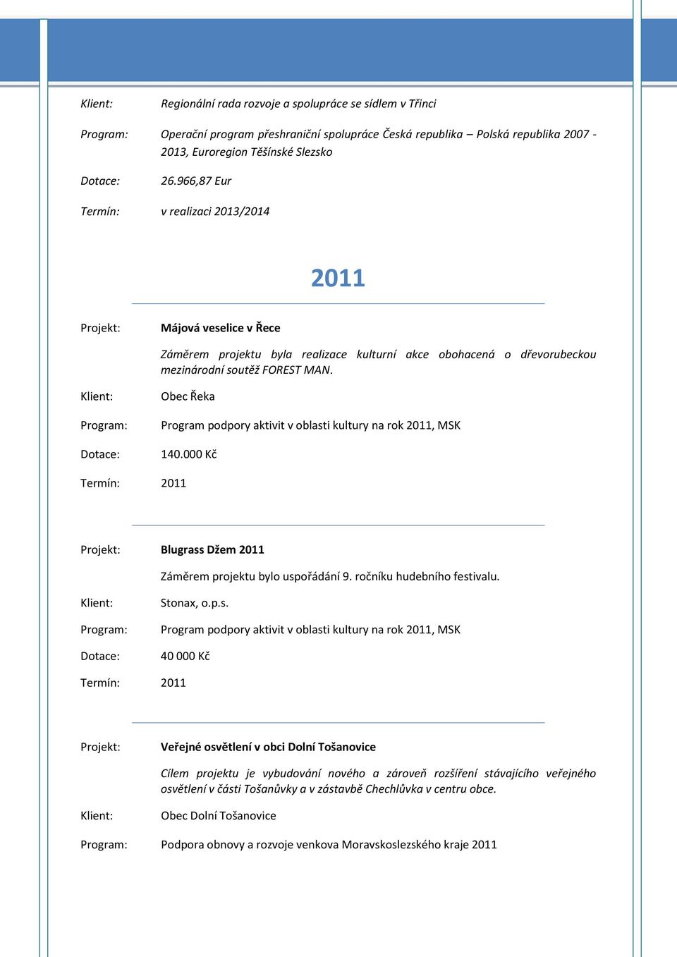 Obec Řeka Program podpory aktivit v oblast