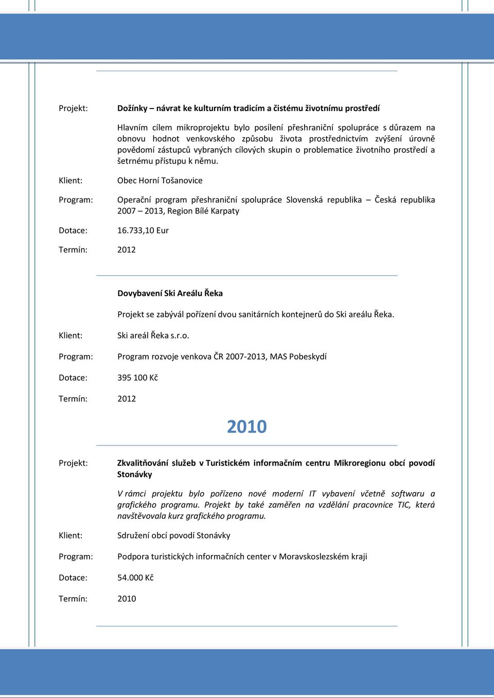 Obec Horní Tošanovice Operační program přeshraniční spolupráce Slovenská republika Česká republika 2007 2013, Region Bílé Karpaty 16.
