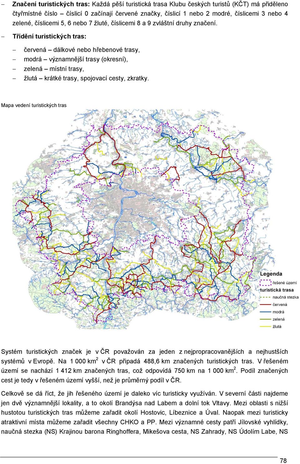 Třídění turistických tras: červená dálkové nebo hřebenové trasy, modrá významnější trasy (okresní), zelená místní trasy, žlutá krátké trasy, spojovací cesty, zkratky.