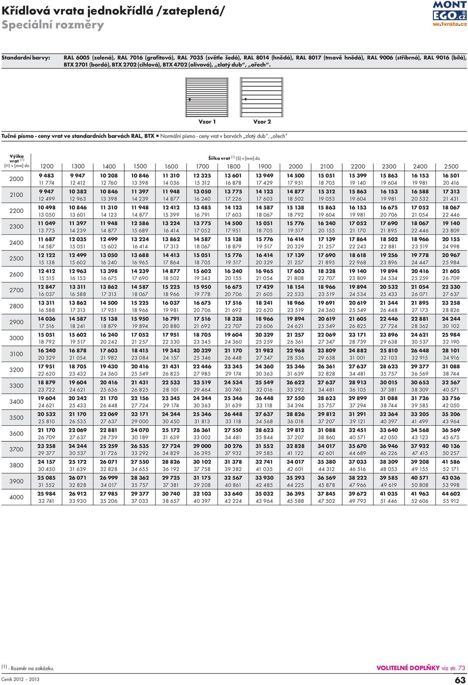 Vzor 1 Vzor 2 Tučné písmo - ceny vrat ve standardních barvách RAL, BTX Normální písmo - ceny vrat v barvách zlatý dub, ořech Výška vrat (1) (H) v [mm] do 2700 2800 2900 3000 3100 3200 3300 3400 3500
