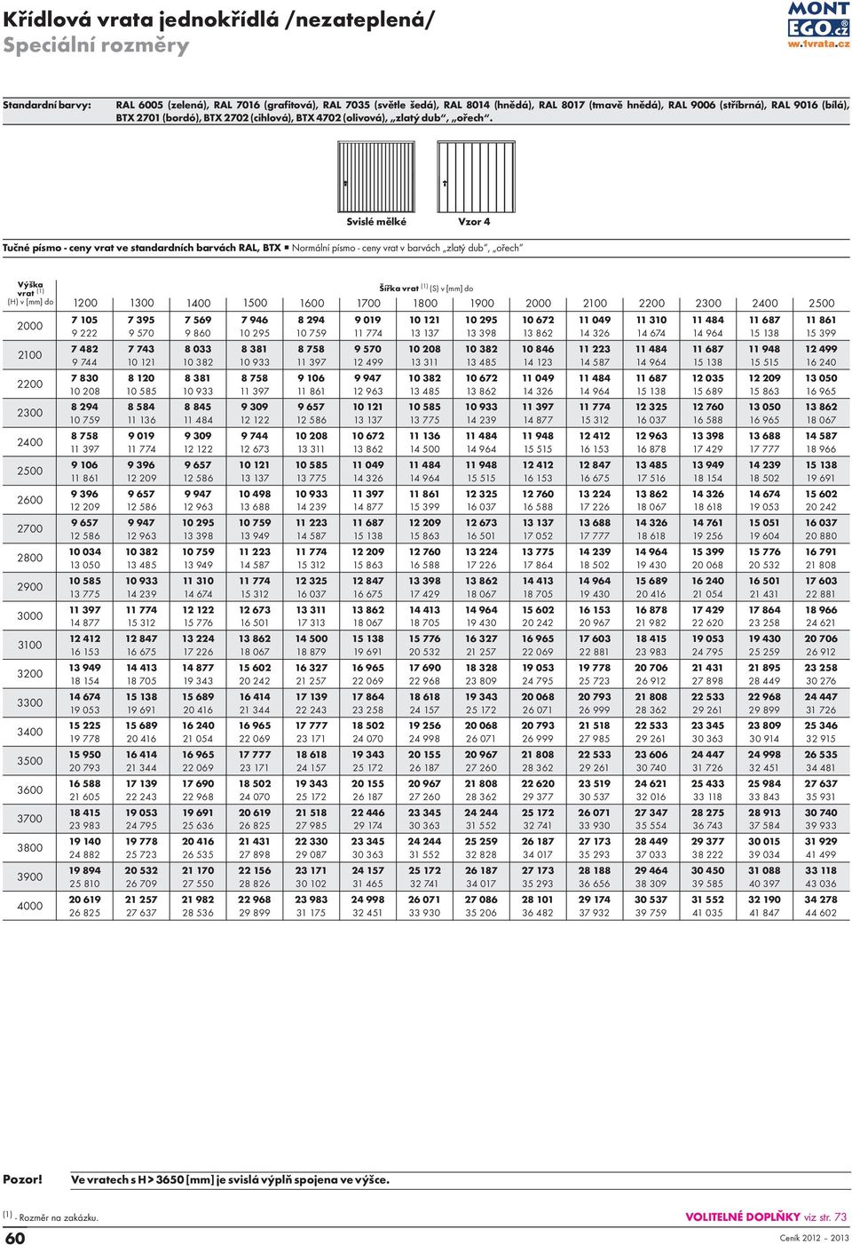 Svislé mělké Vzor 4 Tučné písmo - ceny vrat ve standardních barvách RAL, BTX Normální písmo - ceny vrat v barvách zlatý dub, ořech Výška vrat (1) (H) v [mm] do 2700 2800 2900 3000 3100 3200 3300 3400