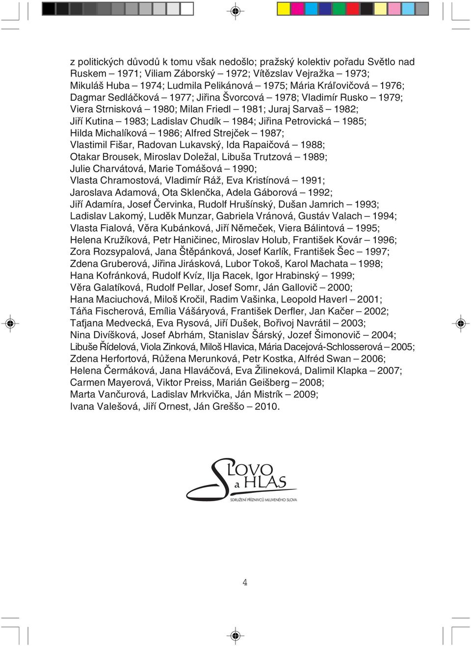 Hilda Michalíková 1986; Alfred Strejček 1987; Vlastimil Fišar, Radovan Lukavský, Ida Rapaičová 1988; Otakar Brousek, Miroslav Doležal, Libuša Trutzová 1989; Julie Charvátová, Marie Tomášová 1990;
