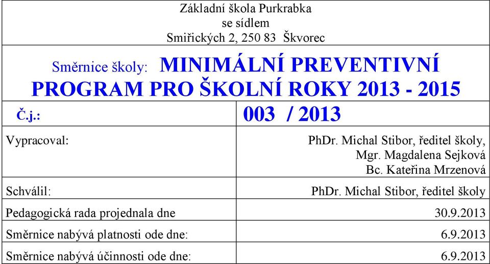 Michal Stibor, ředitel školy, Mgr. Magdalena Sejková Bc. Kateřina Mrzenová PhDr.