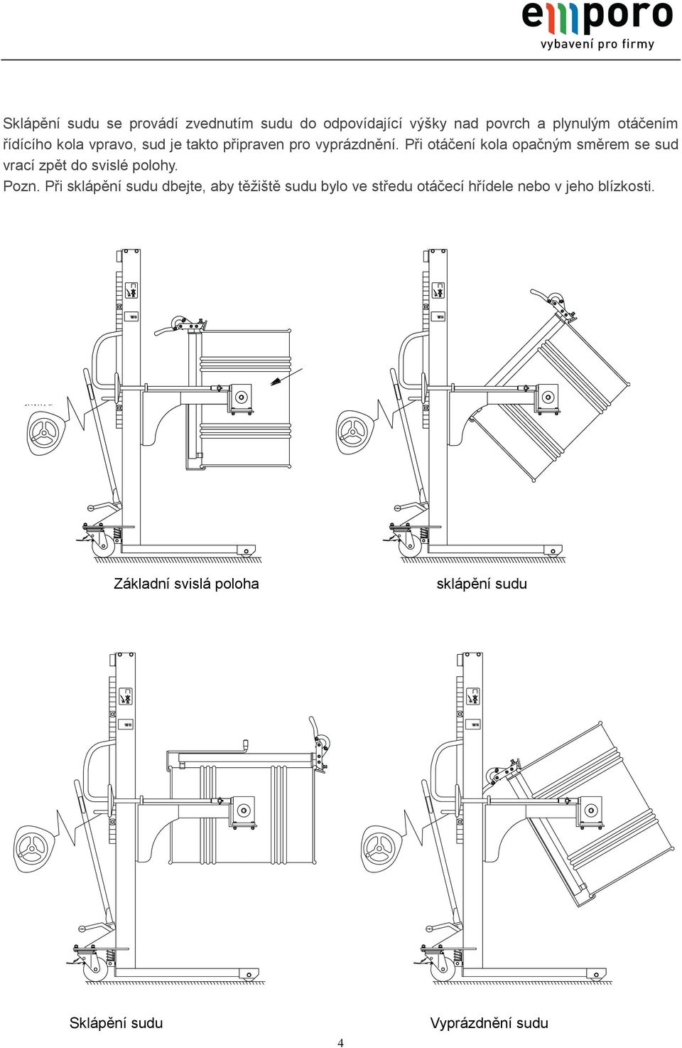 Při otáčení kola opačným směrem se sud vrací zpět do svislé polohy. Pozn.