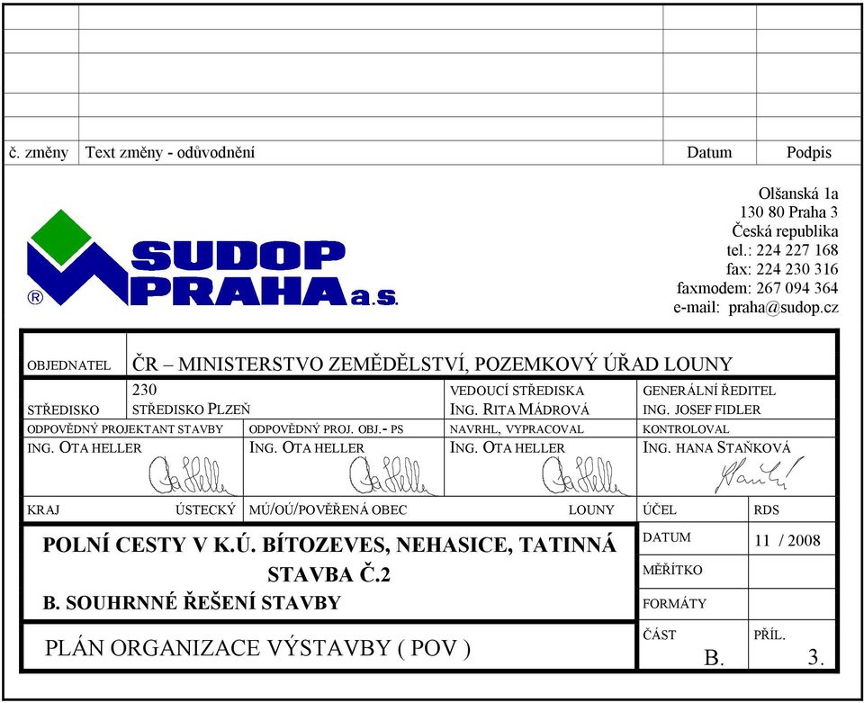 JOSEF FIDLER ODPOVĚDNÝ PROJEKTANT STAVBY ODPOVĚDNÝ PROJ. OBJ.- PS NAVRHL, VYPRACOVAL KONTROLOVAL ING. OTA HELLER ING.