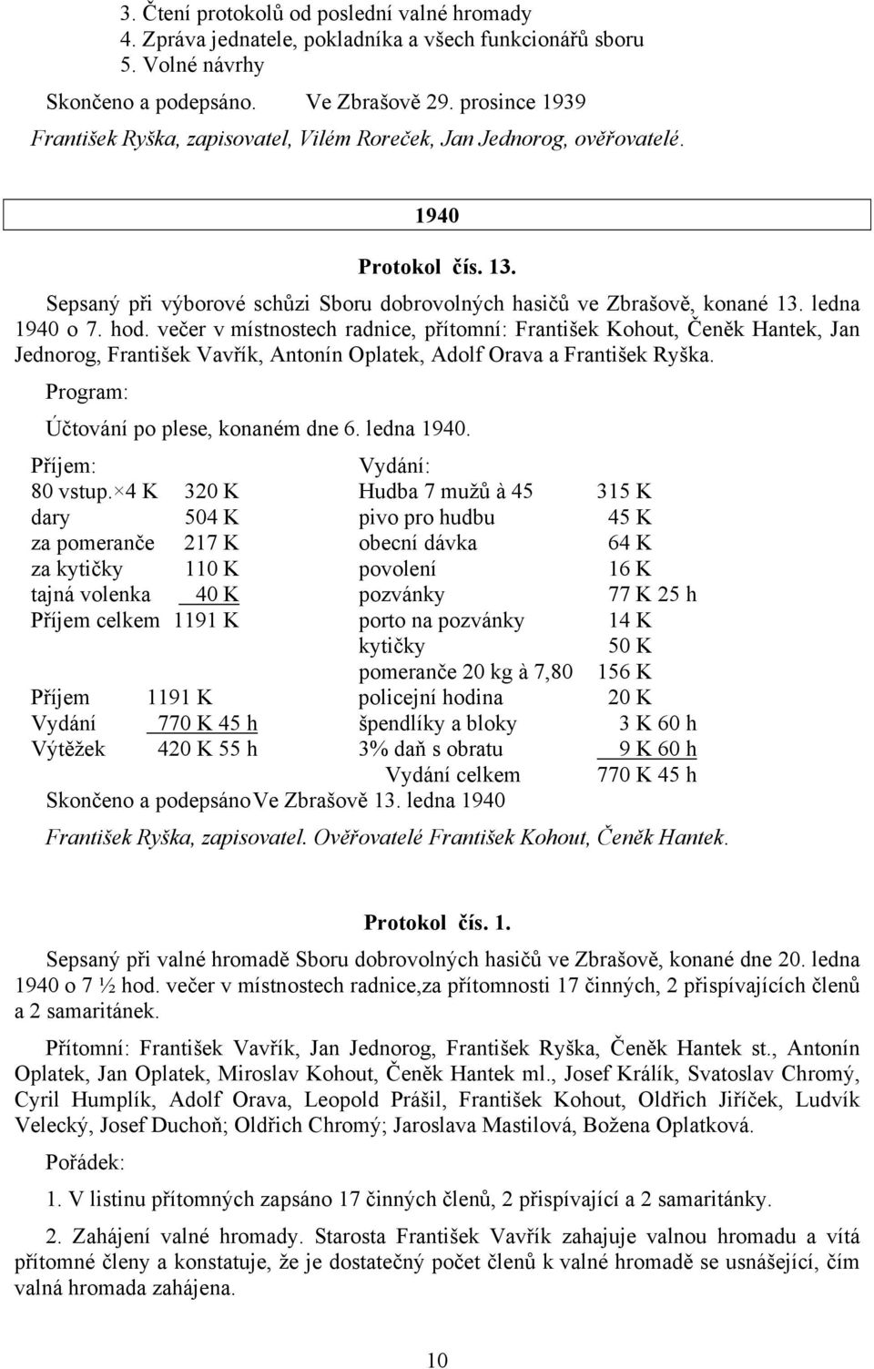 ledna 1940 o 7. hod. večer v místnostech radnice, přítomní: František Kohout, Čeněk Hantek, Jan Jednorog, František Vavřík, Antonín Oplatek, Adolf Orava a František Ryška.