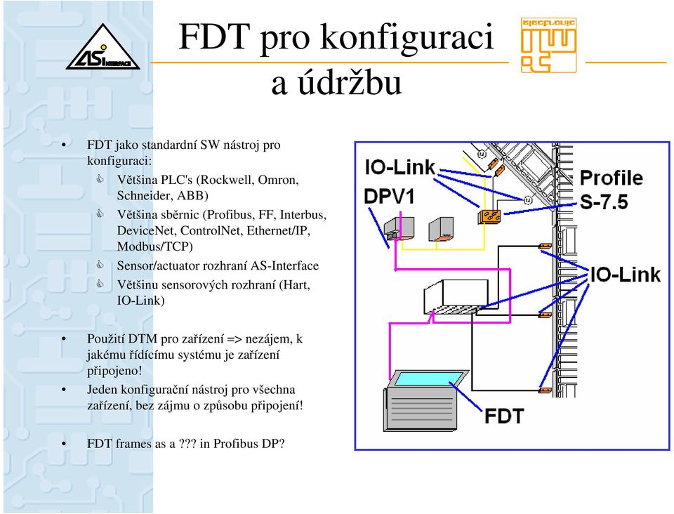 AS-Interface Většinu sensorových rozhraní (Hart, IO-Link) Použití DTM pro zařízení => nezájem, k jakému řídícímu systému je
