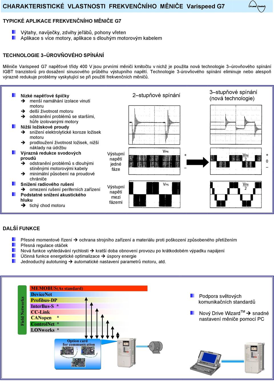 sinusového průběhu výstupního napětí. Technologie 3-úrovňového spínání eliminuje nebo alespoň výrazně redukuje problémy vyskytující se při použití frekvenčních měničů.