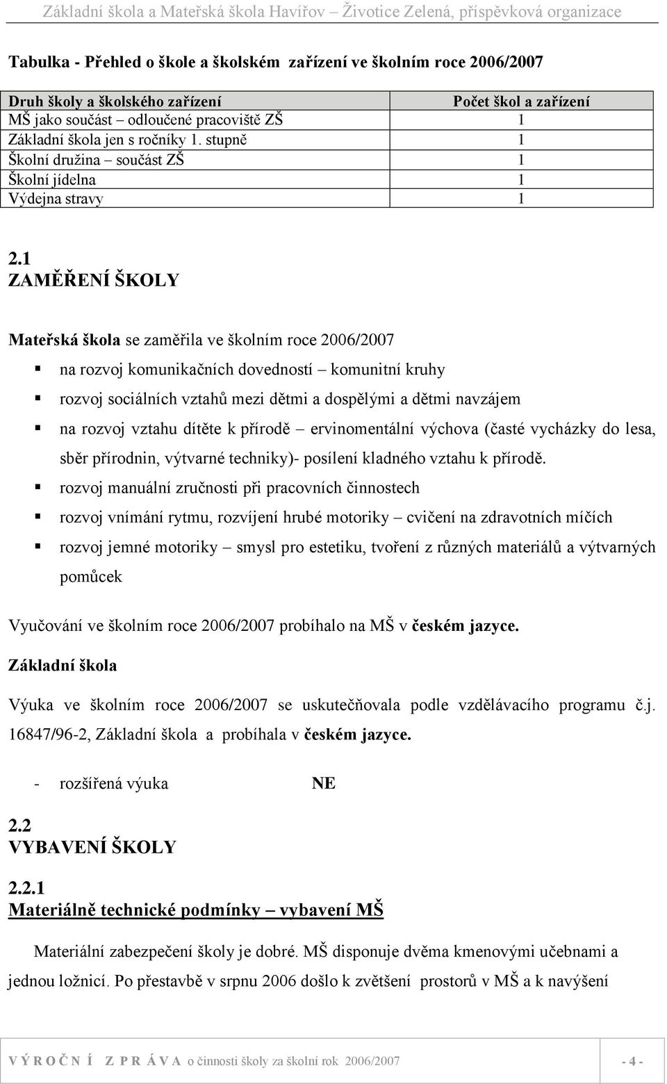 1 ZAMĚŘENÍ ŠKOLY Mateřská škola se zaměřila ve školním roce 2006/2007 na rozvoj komunikačních dovedností komunitní kruhy rozvoj sociálních vztahů mezi dětmi a dospělými a dětmi navzájem na rozvoj