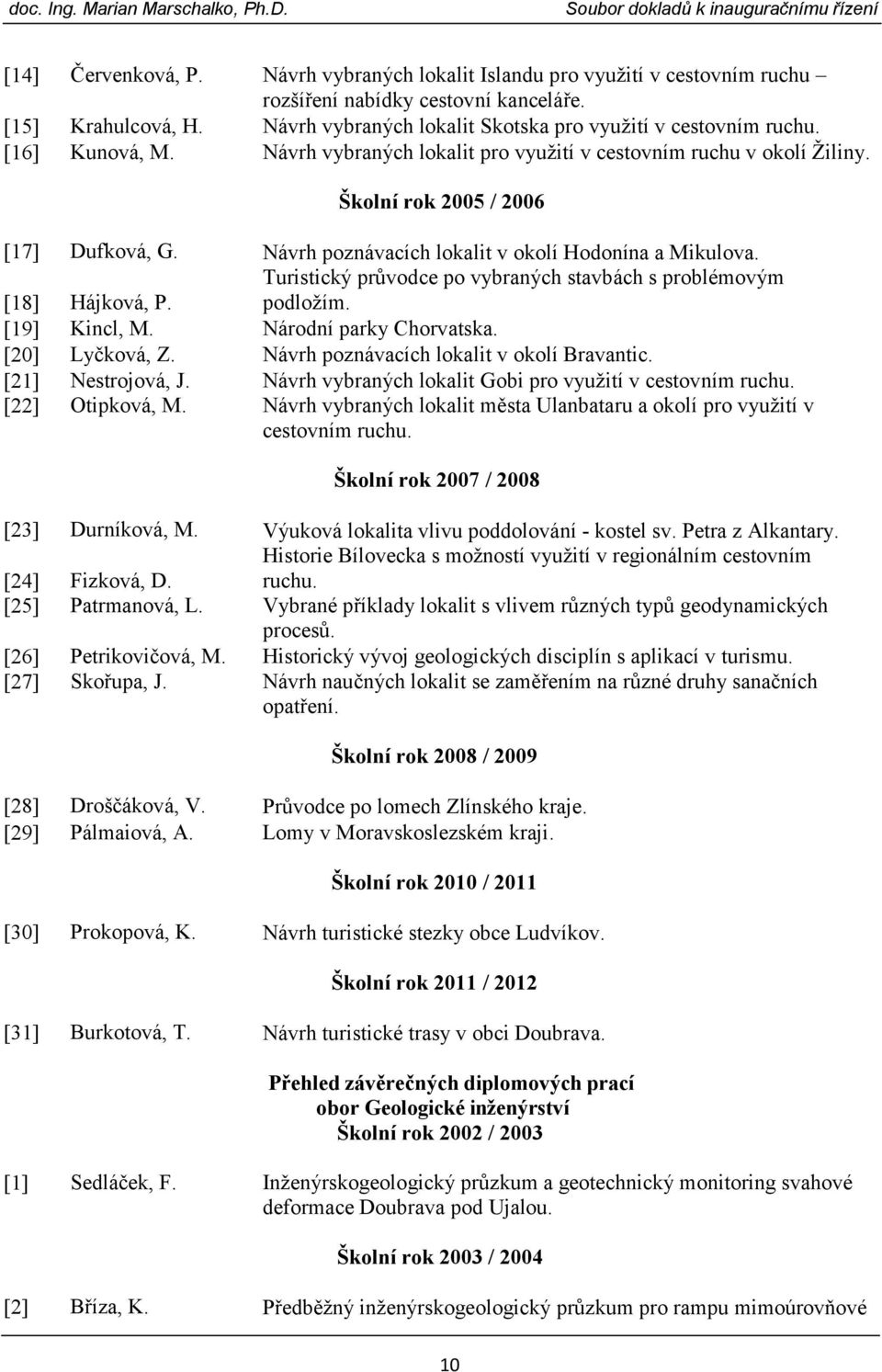 Návrh poznávacích lokalit v okolí Hodonína a Mikulova. [18] Hájková, P. Turistický průvodce po vybraných stavbách s problémovým podložím. [19] Kincl, M. Národní parky Chorvatska. [20] Lyčková, Z.