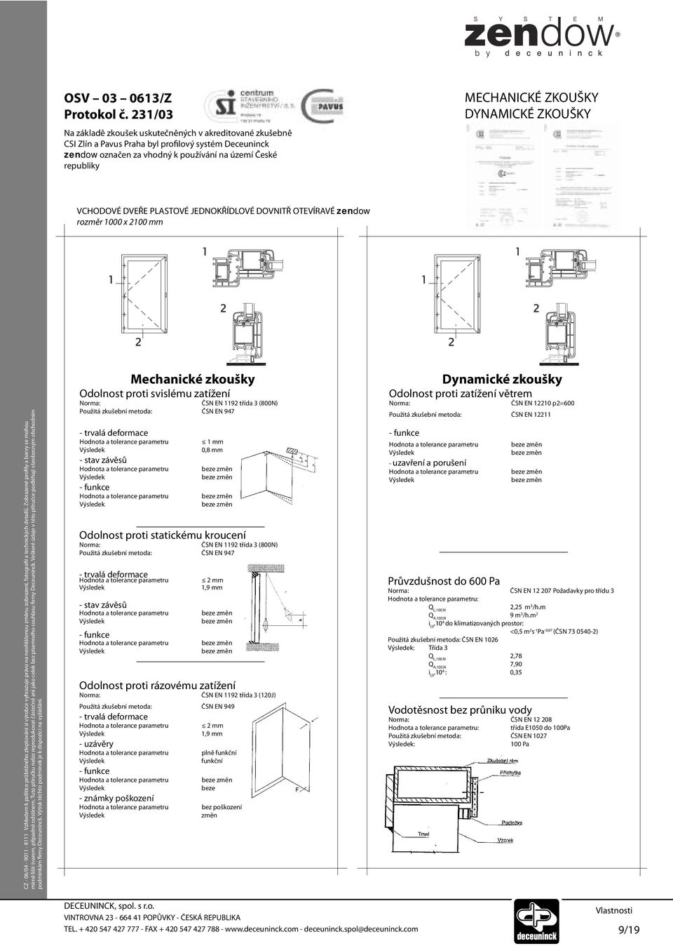 DYNAMICKÉ ZKOUŠKY VCHODOVÉ DVEŘE PLASTOVÉ JEDNOKŘÍDLOVÉ DOVNITŘ OTEVÍRAVÉ zendow rozměr 1000 x 2100 mm Mechanické zkoušky Odolnost proti svislému zatížení ČSN EN 1192 třída 3 (800N) Použitá zkušební