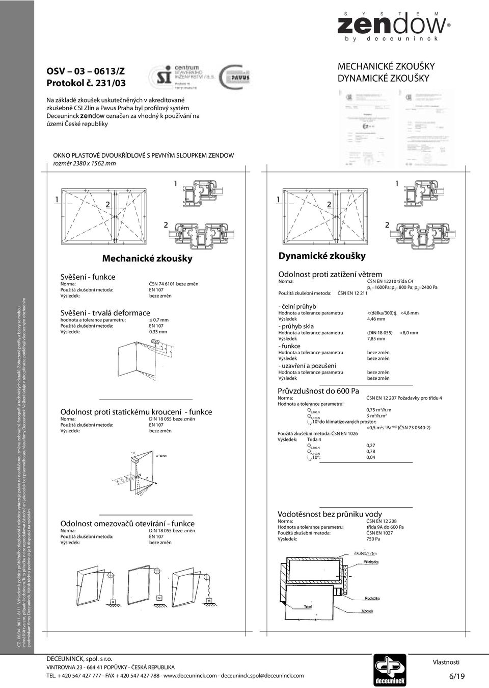 území České republiky OKNO PLASTOVÉ DVOUKŘÍDLOVÉ S PEVNÝM SLOUPKEM ZENDOW rozměr 2380 x 1562 mm Svěšení - funkce Mechanické zkoušky ČSN 74 6101 Svěšení - trvalá deformace hodnota a tolerance