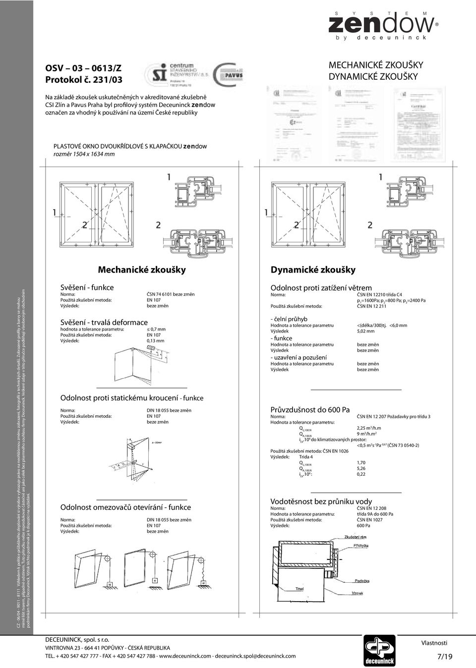 území České republiky PLASTOVÉ OKNO DVOUKŘÍDLOVÉ S KLAPAČKOU zendow rozměr 1504 x 1634 mm Mechanické zkoušky Dynamické zkoušky Svěšení - funkce ČSN 74 6101 Svěšení - trvalá deformace hodnota a