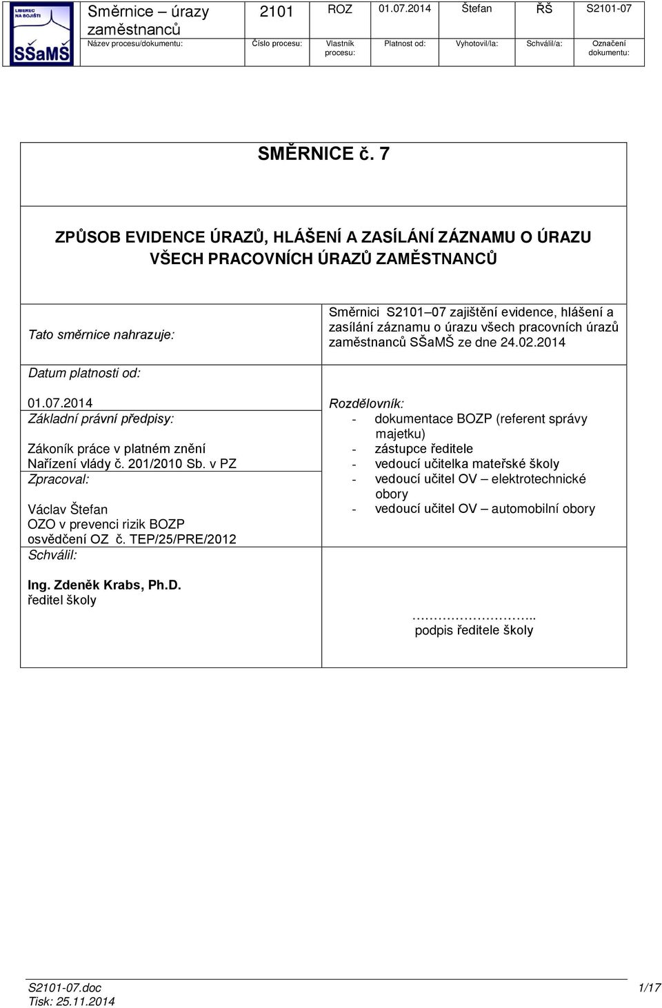 pracovních úrazů SŠaMŠ ze dne 24.02.2014 Datum platnosti od: 01.07.2014 Rozdělovník: Základní právní předpisy: Zákoník práce v platném znění Nařízení vlády č. 201/2010 Sb.