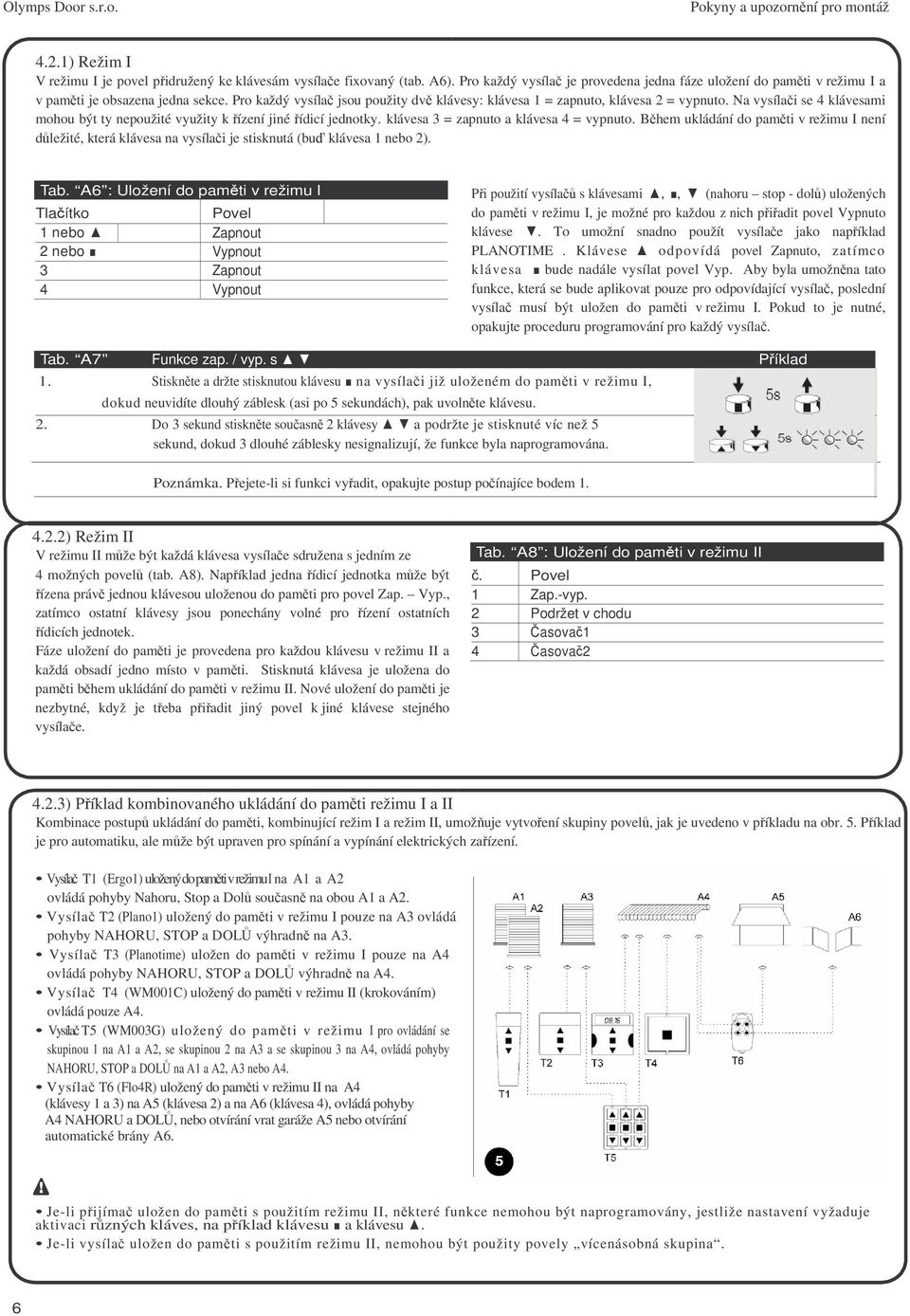 klávesa 3 = zapnuto a klávesa 4 = vypnuto. Bhem ukládání do pamti v režimu I není dležité, která klávesa na vysílai je stisknutá (bu klávesa 1 nebo 2). Tab.