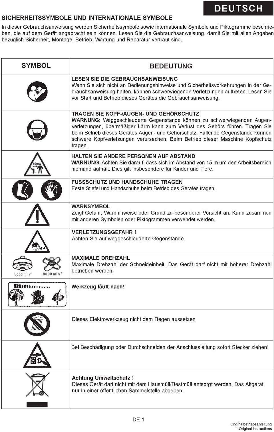 SYMBOL BEDEUTUNG LESEN SIE DIE GEBRAUCHSANWEISUNG Wenn Sie sich nicht an Bedienungshinweise und Sicherheitsvorkehrungen in der Gebrauchsanweisung halten, können schwerwiegende Verletzungen auftreten.