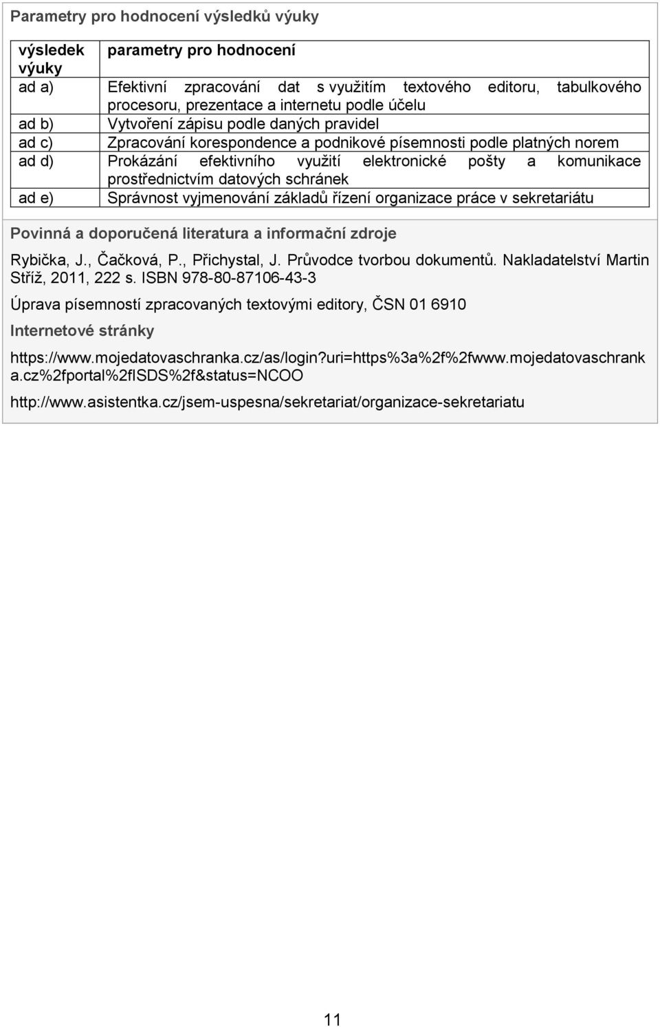 prostřednictvím datových schránek ad e) Správnost vyjmenování základů řízení organizace práce v sekretariátu Povinná a doporučená literatura a informační zdroje Rybička, J., Čačková, P.