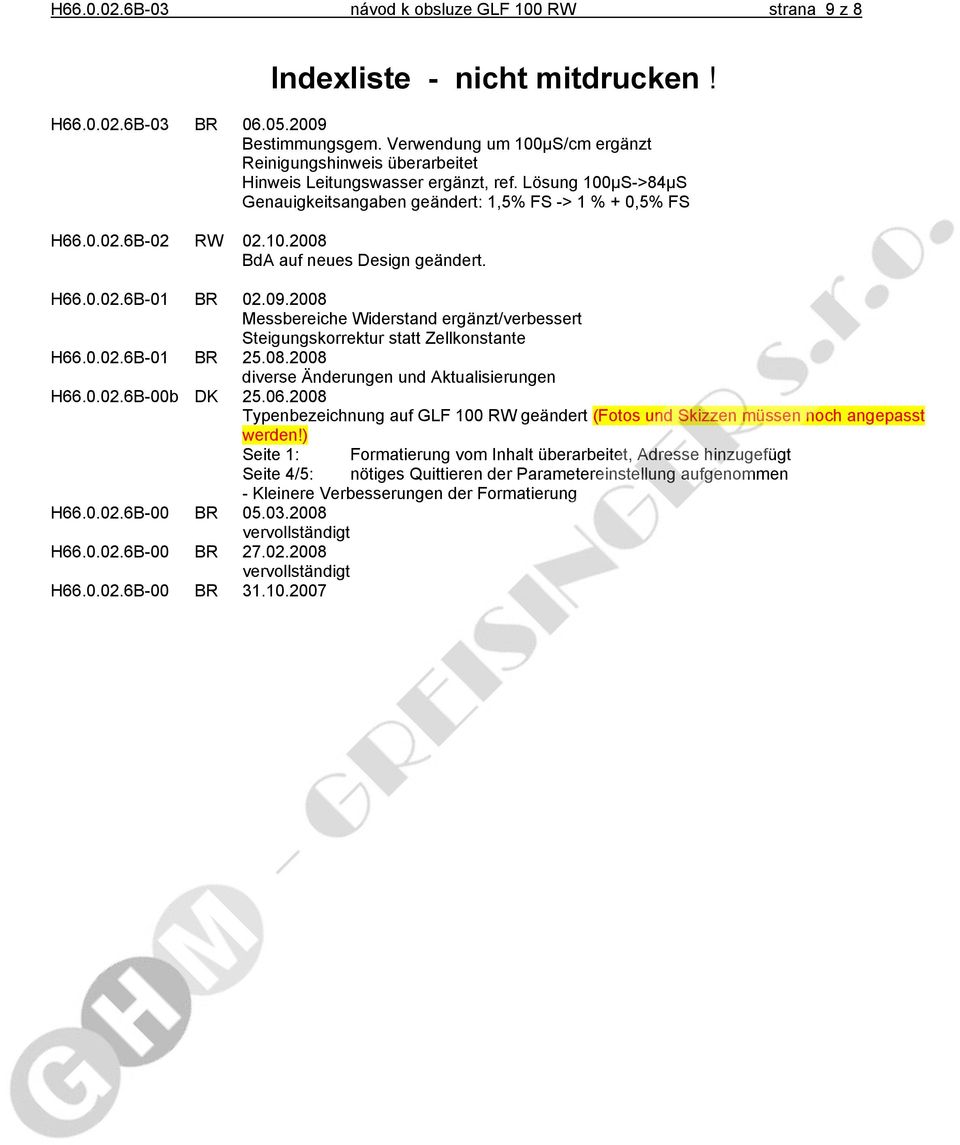 H66.0.02.6B-01 BR 02.09.2008 Messbereiche Widerstand ergänzt/verbessert Steigungskorrektur statt Zellkonstante H66.0.02.6B-01 BR 25.08.2008 diverse Änderungen und Aktualisierungen H66.0.02.6B-00b DK 25.