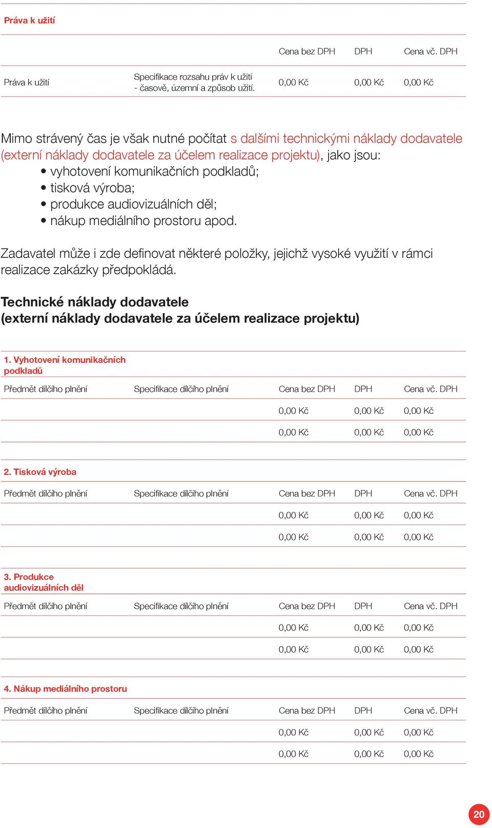 výroba; produkce audiovizuálních děl; nákup mediálního prostoru apod. Zadavatel může i zde definovat některé položky, jejichž vysoké využití v rámci realizace zakázky předpokládá.